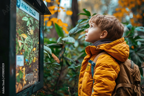 Fotografía de un niño leyendo un cartel educativo en un parque que destaca la importancia de cuidar el medio ambiente