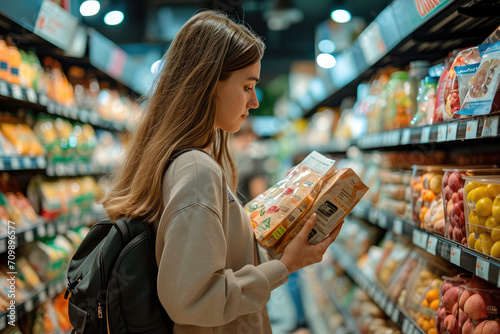 Fotografía de una persona leyendo etiquetas de productos en un supermercado, alimentación consciente