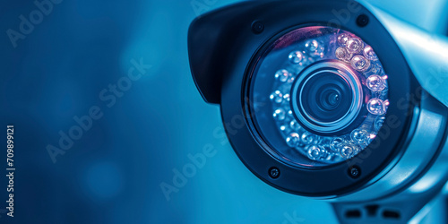 Close-up of a modern CCTV security camera with infrared night vision technology.