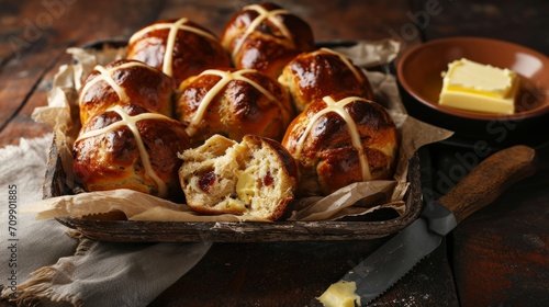 Tray of Hot Cross Buns with Butter. A wooden tray filled with glazed hot cross buns beside a bowl of butter.