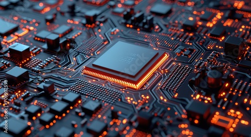 Electrifying close-up of an illuminated orange-copper CPU microchip on a circuit board, revealing intricate hardware details, ideal for tech concepts and innovations in electronic engineering