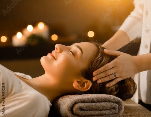A woman receiving a head spa in a candlelit spa