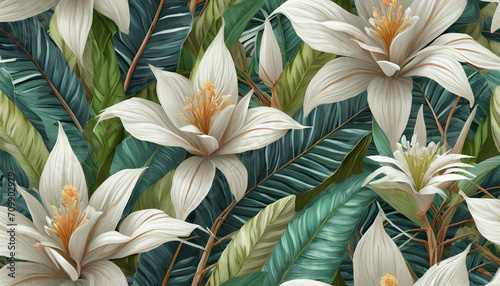 Tropical exotic seamless pattern with white flowers in tropical leaves. Hand-drawn 3D illustration. Good for design wallpapers, fabric printing, wrapping paper, cloth, notebook .