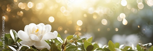 Enchanting white gardenia flower on magical bokeh background with spacious text placement area