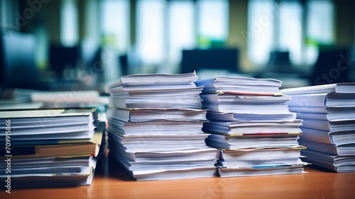 Stacks of various office documents and reports neatly piled on a desk