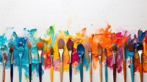 An array of colorful paintbrushes with bright paint splatters on a white canvas