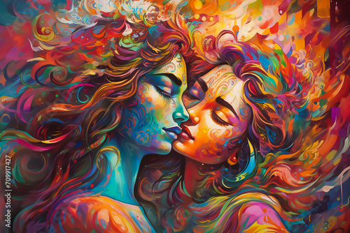 Modern colorful painting of Radha Krishna's love
