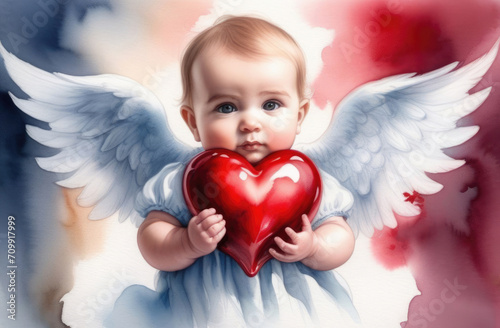 Little angel baby holding a red heart in his hands. Valentine's Day