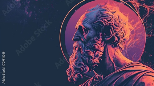 Vibrant Illustration of Philosopher Plato in Round Frame on Dark Canvas with Empty Space for Text