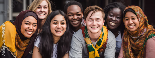 Smiling faces, global embrace a diverse group of young adults