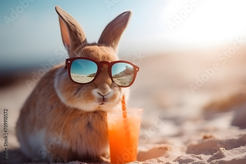 Cute bunny with sunglasses, enjoying in the sun on the beach, drinking Cocktail