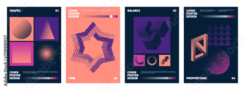 Pixel dither posters. Abstract minimalistic shapes with glitch and noise effects. Vector 90s retro bitmap cover design geometric shape futuristic, wireframe techno illustration