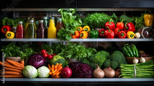 Refrigerator brimming with colorful and assorted fresh produce and ingredients