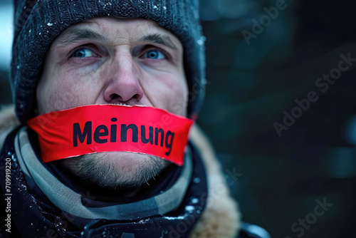 Mann mit Klebeband über dem Mund und Text "Meinung" - Symbolbild 