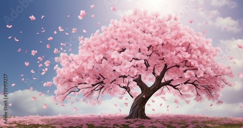 A stunning, elegant cherry blossom tree in full bloom, with delicate pink petals cascading down in a gentle breeze - Generative AI