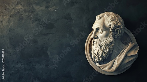 Illustration of Philosopher Epicurus in Round Frame on Dark Canvas with Space for Text