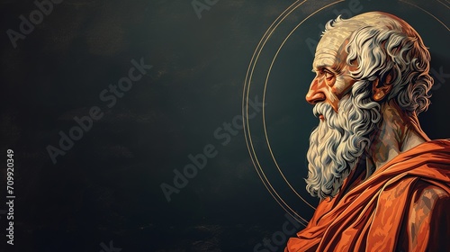 Philosopher Epicurus Illustrated in Round Frame on Dark Canvas with Space for Text