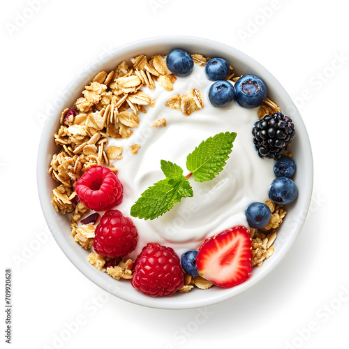 Bowl of homemade Oatmeal with yogurt and fresh berries, top view, isolated on white background