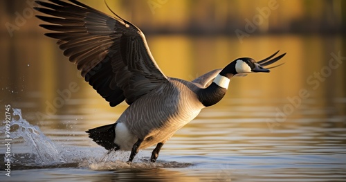 Large wild goose with black head and neck flight above the water
