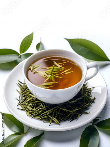 Black tea in a cup of glass. lemon and tea leaves. On white, isolated background.