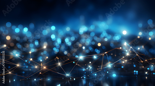 Abstract futuristic technology background banner with waves, straight connected lines and glowing dots as pieces and bits of information. Contrast between blurred and focused elements. 