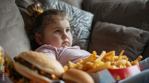 Overweight girl watching TV and eating fast food. 