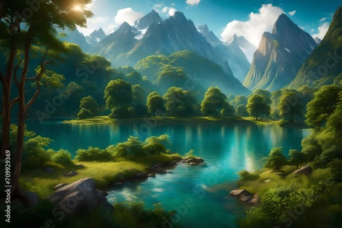 Delve into the serenity of a narrow river winding gracefully between lush trees and vibrant greenery. Behold the majestic mountain in the background under