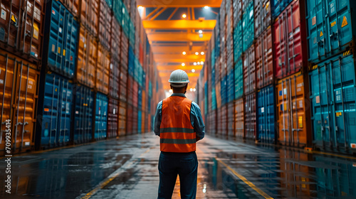 Logistics, shipping and manager planning container export with employee in an export delivery industry. Industrial workers working with stock or cargo transport at a international and global trade,