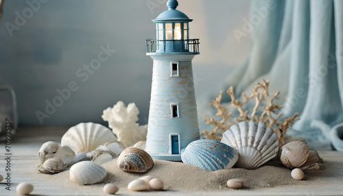 Coastal still life with lighthouse figurine. Soft blues, beachy details. Arrangement of a lighthouse figurine, shells, and sand. Coastal nostalgia, bringing the calming essence of the seaside indoors.