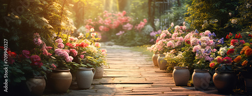 Background of a garden path with pots of flowers, in the style of rustic still lifes, lens flares, bright