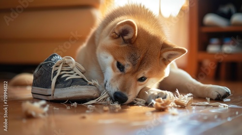 A photo of a ginger dog Shiba Inu, which is gnawing on sneakers in the house