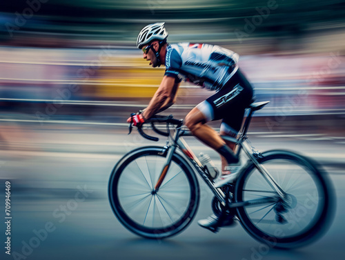 Cyclist in motion at high speed on blurred motion background.