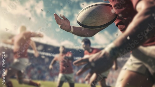 Skilled athletic competition. Male rugby athletes catching ball in 3D outdoor arena. Blurred spectators in background. Intensity. Idea of game tournament challenge and movement contest trophy.