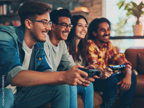 Group of young people are playing video games and smiling while sitting on sofa at home