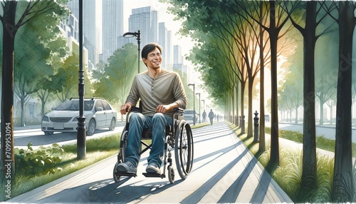 The image shows a young man in a wheelchair smiling and moving along a tree-lined sidewalk in an urban environment.