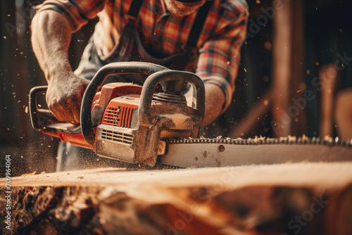 Carpenter with chainsaw sawing wood, cutting wooden plank