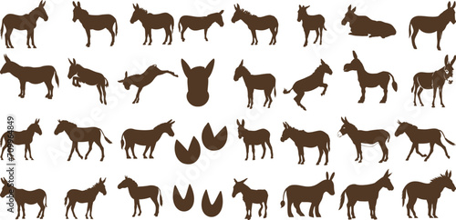 Donkey silhouettes Vector in various poses, perfect for farm, animal, nature-themed designs, educational materials, children’s books, Donkeys