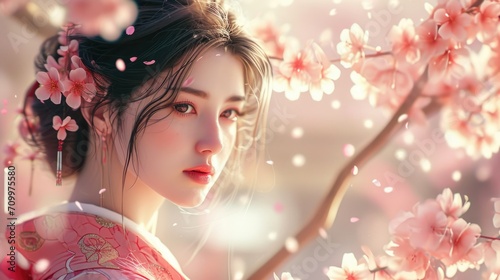 Young beautiful asian woman wear kimono. Cherry blossoms. Japanese traditional clothes. Sakura tree spring. Pretty Japanese girl. Attractive female portrait. Nature beauty. Japan history. Cute geisha.