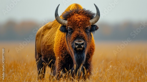  a close up of a bison in a field of tall grass with trees in the back ground and a foggy sky in the back ground behind the bison is looking at the camera.