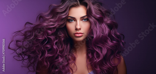 Woman with purple curly long healthy hair, Healthy Hair banner 