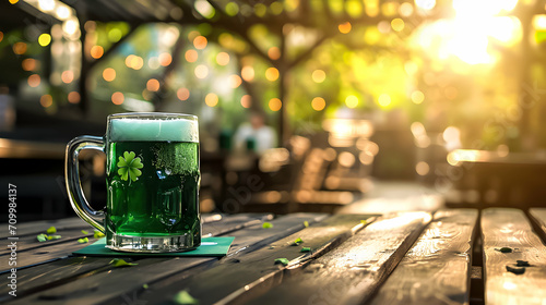 St Patrick's beer in the bar, aquamarine, outdoor scenes, romantic atmosphere, bokeh panorama.