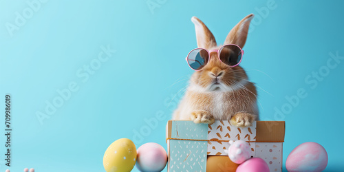 Easter bunny with Easter eggs and gift box 