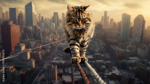Perfectly balancing cat walking on a rope against the backdrop of a city at high altitude