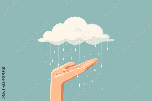 Illustration of raindrops falling from a cloud raining on a hand. Environment, climate change, weather and drought concepts