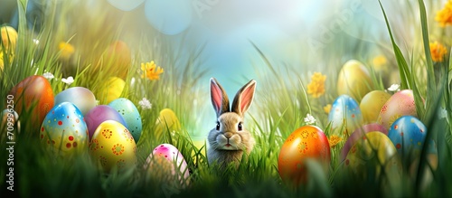 bunny ears and colored egg in a grass background