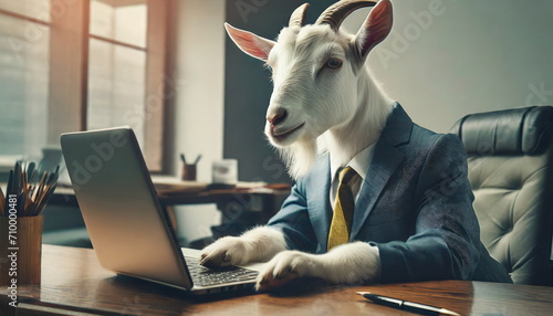 White goat wearing business suit sits at its desk in office with laptop