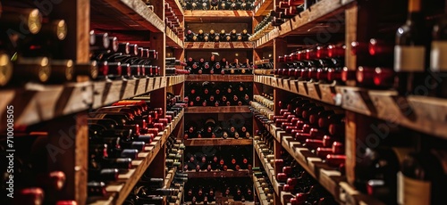 wine racks and racks of wine bottles in a storage room Generative AI