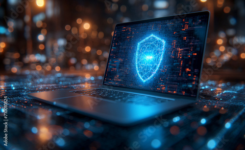 An abstract digital landscape portrays a fortified firewall, encrypted data flow, and the paramount importance of privacy in the realm of cybersecurity.