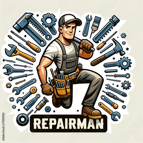 Enthusiastic Repairman Mascot with an Array of Handyman Tools and Gears