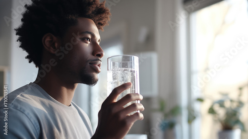 Man drink water start new day with healthy life habit, Male holding glass drinking clean mineral natural still water in living room at home morning, Lifestyle healthcare concept, generative ai